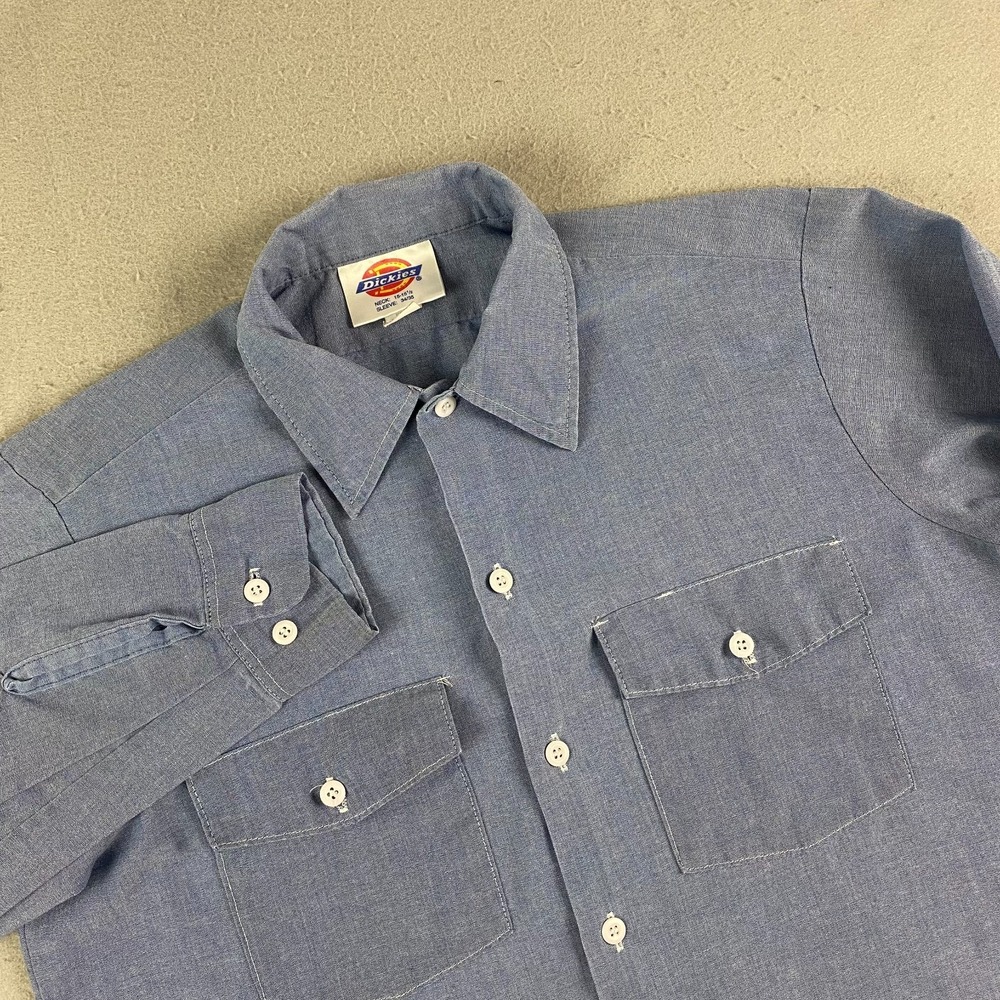 Vtg 80s 90s Dickies Work Shirt Mens M Made In USA Chambray Long Sleeve 15-15.5